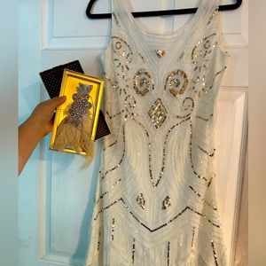 Unique 1920s white/ Champagne Sequin & Pearl Sleeveless Flapper Dress &headband